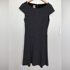 Anne Klein Womens Black White Polka Dot Stretch Cap Sleeve Midi Tier Sz 8 Dress